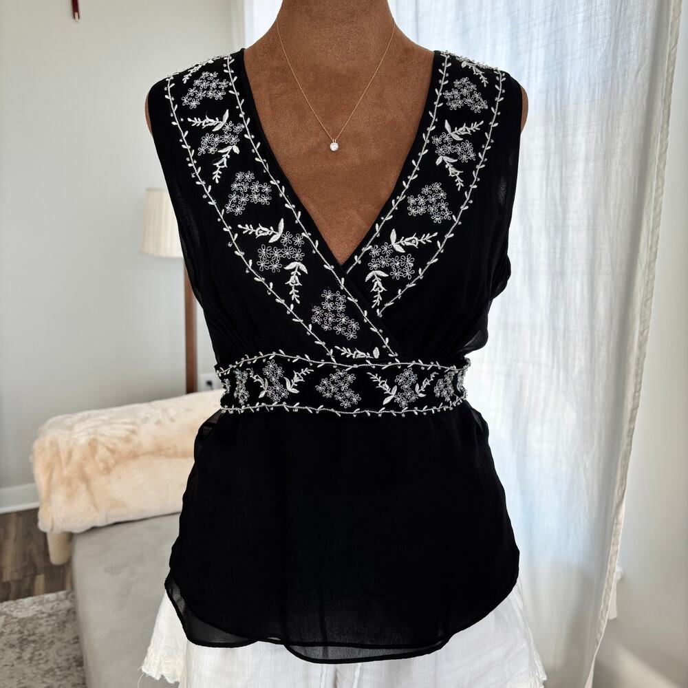 90s Vintage ICE 100% Silk Blouse Floral Embroidered Top Belted Tied‎ Waist M